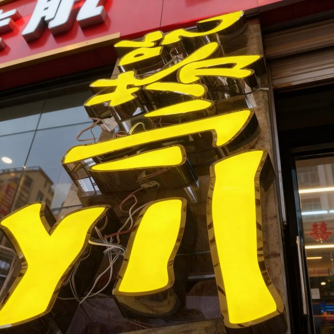 保留原黄色发光字主体不变，更换背景为商铺门头背景，保持高清实拍质感预览效果