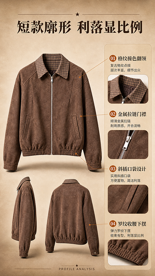 [商品] 使用【图1】棕咖色复古麂皮绒翻领夹克；商品处理：保留翻领、格纹撞色领面、金属拉链、插袋、罗纹下摆、插肩袖结构和棕咖麂皮绒颜色；自然去皱理顺，增强面料肌理、五金和缝线质感，不改变版型结构。
[画面] 目标为版型解析页，展示短款廓形与结构亮点；左主图右信息排版，左侧夹克正面+侧面多角度组合（正面大图+侧面小图叠放），右侧引线标注关键结构；产品占画面约65%，背景为浅棕渐变+细腻绒面质感底，下方投影自然。
[视觉] 套系策略：风格=复古美式轻工装高级商业摄影；标题字=复古衬线粗体+英文无衬线装饰；正文字=简洁无衬线体；主色=棕咖暖调；背景延展=基于棕咖做深浅层级、同色渐变和细腻纸张/绒面质感；强调色=焦糖橘，仅用于小面积图标、引线和标签；标题色=深棕黑；正文色=暖中灰；组件=圆角浅棕信息卡、细棕线引线、复古标签；光影=左前侧暖柔光，均匀棚拍感。
[文字] 顶部主标题「短款廓形 利落显比例」；右侧4个引线标注卖点：格纹撞色翻领 / 金属拉链门襟 / 斜插口袋设计 / 罗纹收腰下摆；底部小号英文「PROFILE ANALYSIS」；文字全部横排，字号保证手机端可读。
[规格] 图片比例9:16竖版，分辨率2K，避免变形、错字、文字过小、冷蓝背景、颜色改变、版型失真、极限词。