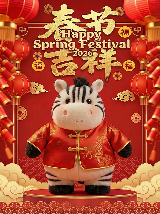 软3D风卡通斑马穿国潮唐装，拟人化设计，毛发生长细节精致，红金配色喜庆吉祥，搭配灯笼与祥云，营造2026春节鎏金国风氛围。