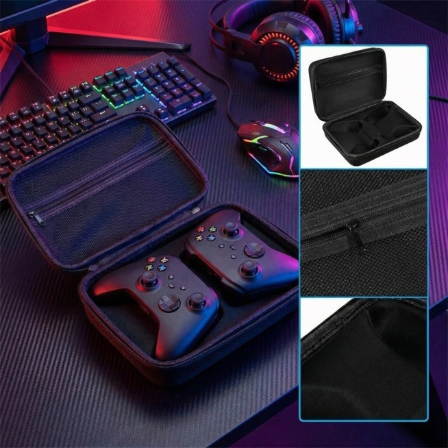 保留收纳包的开合形态、内部手柄及右侧细节特写，仅将背景替换为电竞房的黑色碳纤维纹理桌面，背景搭配电竞键盘、RGB 鼠标与头戴式耳机，用侧顶光突出收纳包的防摔材质与手柄细节，凸显专业游戏配件收纳属性。预览效果
