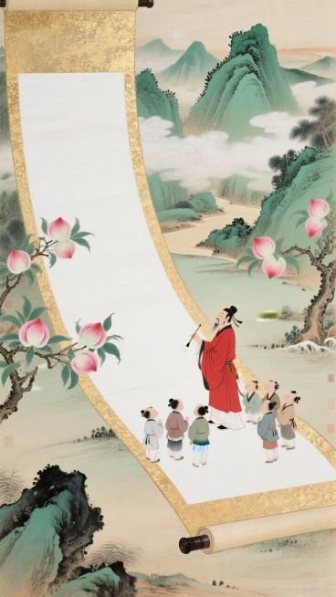 巨型空白卷轴蜿蜒成路，一个红袍迷你文人拿着毛笔立在上面，周围有一群小孩子围着他坐了一圈。青绿山水远景，点缀桃子枝，色调以青绿、粉桃、墨色、米黄为主，水墨淡彩，大面积留白预览效果