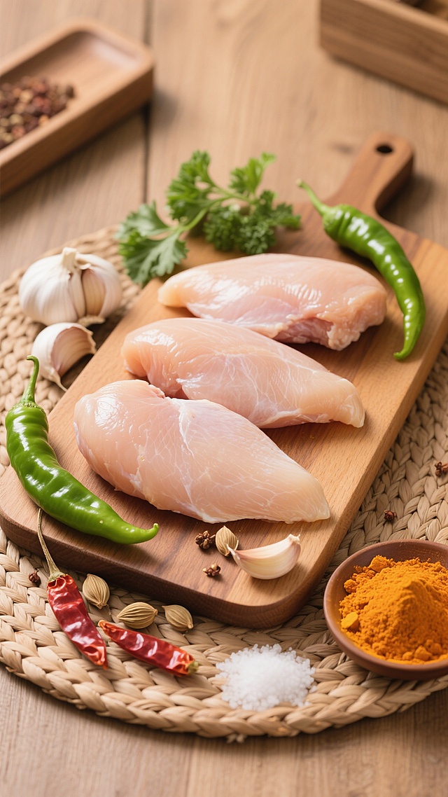 三块新鲜生鸡胸肉整齐摆放在木质砧板上，肉质呈现自然粉嫩色泽并带有湿润光泽，周围环绕着完整及切开的蒜瓣、翠绿的欧芹枝叶、两根青尖椒、散落的小豆蔻、红辣椒粉、盐粒和一小碗橙黄色的姜黄粉，所有食材置于质朴的编织餐垫上，背景为浅棕色木质桌面，整体光线明亮柔和，营造出温馨自然的厨房料理氛围，俯拍视角展现食材的丰富细节与层次感。