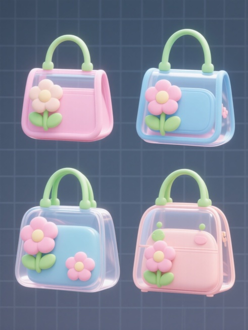 四个不同设计的卡通风格包包，保持简约现代造型，每个包包采用透明材质搭配粉色、蓝色等马卡龙色系，装饰有立体花朵和绿色手柄，整体呈规整的网格排布，纯色背景，无文字、无logo、无水印，光线明亮柔和，阴影细腻，色彩清新明快，充满童趣与时尚感。预览效果