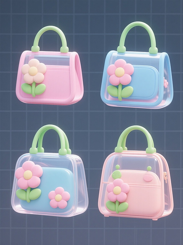 四个不同设计的卡通风格包包，保持简约现代造型，每个包包采用透明材质搭配粉色、蓝色等马卡龙色系，装饰有立体花朵和绿色手柄，整体呈规整的网格排布，纯色背景，无文字、无logo、无水印，光线明亮柔和，阴影细腻，色彩清新明快，充满童趣与时尚感。
