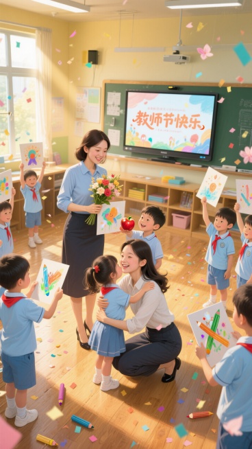 三位年轻女教师一起在画面中心，与一群4岁孩子们热情互动，一位老师蹲在地上被一个4岁小女孩紧紧抱住，一位老师站立拿着孩子的画，一位老师拿着鲜花，一个小男孩送上一个红苹果，一群孩子们穿浅蓝色校服举起蜡笔画预览效果