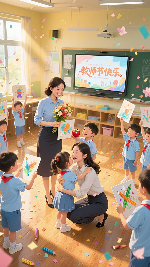 2位年轻女教师一起在画面中心，与一群4岁孩子们热情互动，一位老师蹲在地上被一个4岁小女孩紧紧抱住，一位老师站立拿着孩子的画，一位老师拿着鲜花，一个小男孩送上一个红苹果，一群孩子们穿浅蓝色校服举起蜡笔画围绕在画面周围，背景为现代化多媒体教室，有大电视显示教师节快乐字体，木板地面，幼儿园教室，五彩纸屑，花瓣在空中飘浮，暖黄色温馨光影，阳光从窗户斜射进来，电影感镜头，正视角度，画面重心偏下，超写实风格，