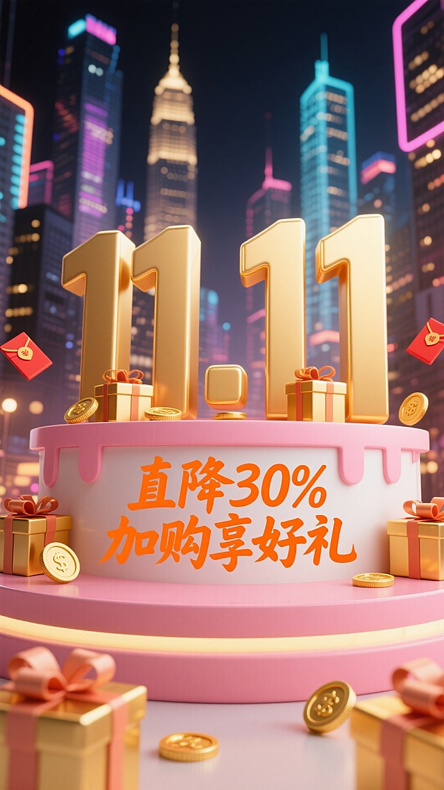 巨大的金色 “11.11” 立体数字立在带有粉色装饰的圆形展台上，展台上有字“直降30% 加购享好礼”周围有金色礼盒，点缀红包、金币等元素，背景夜晚霓虹，城市建筑群在后方若隐若现，大量红色搭配粉、橙为主色调，红色地面，促销氛围