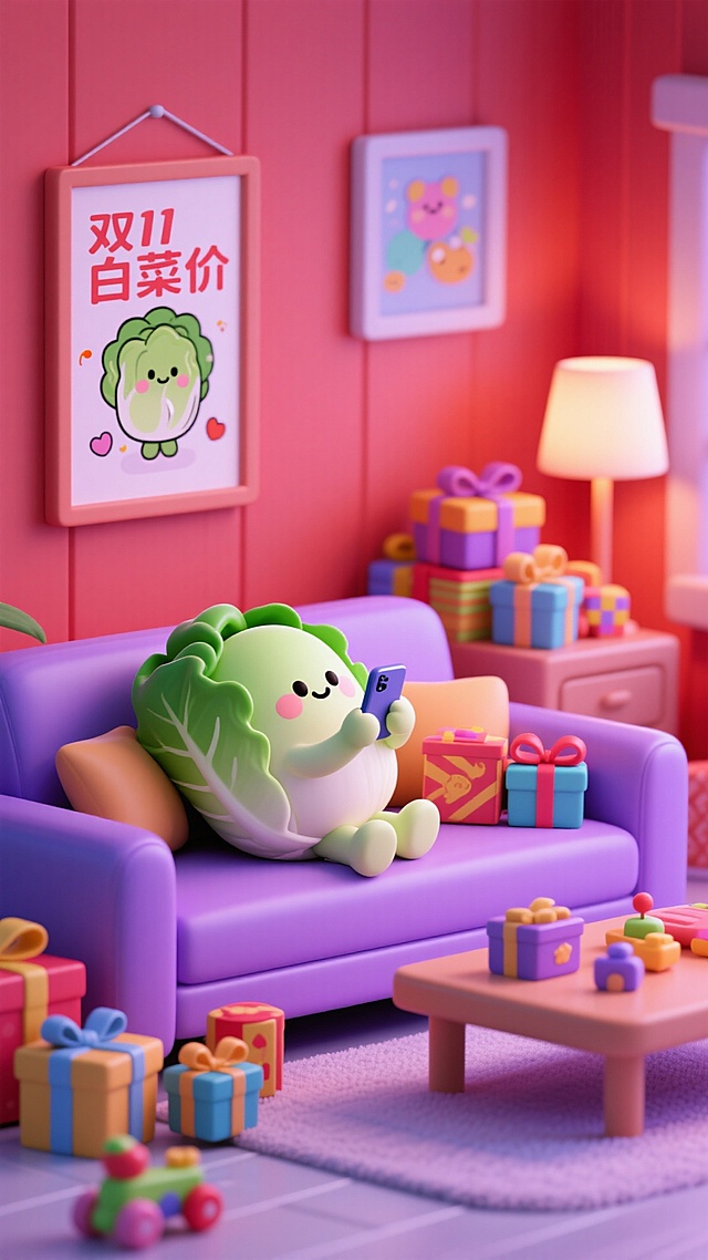软3D风格的拟人化白菜角色坐在紫色沙发上刷手机，周围堆满礼物盒，墙上挂着“双11白菜价”海报，整体充满可爱、卡通、喜庆与温馨的节日氛围。