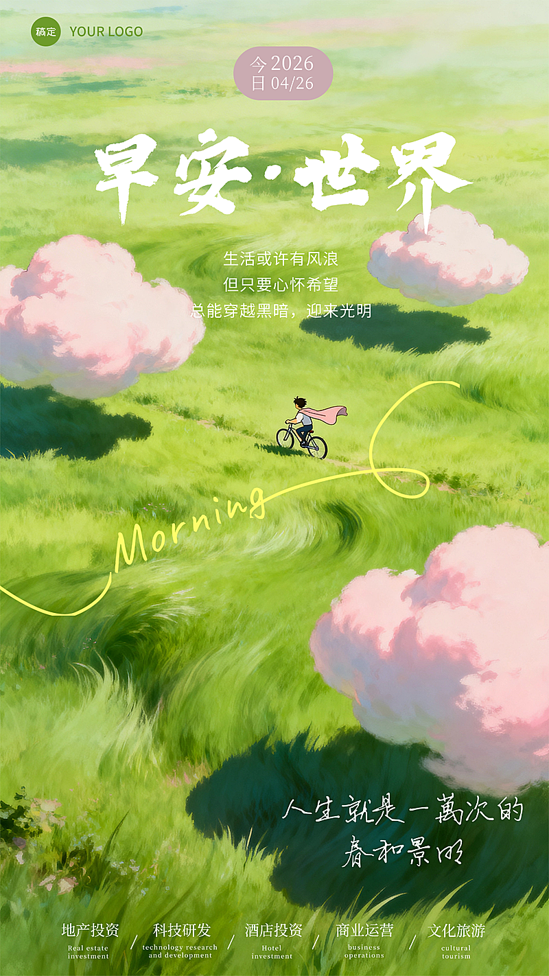 白云漫画风格治愈早安竖版海报