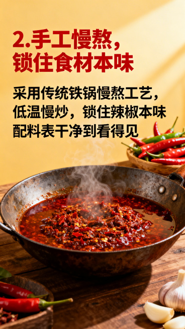 复古铁锅，锅内有熬制中的辣椒酱，冒着轻微热气，旁边摆新鲜辣椒和蒜瓣，暖黄色灯光，营造慢熬氛围感，背景简洁。文案排版：顶部左对齐"2. 手工慢熬，锁住食材本味"加粗，红色，字体较大；下方左对齐分两行"采预览效果