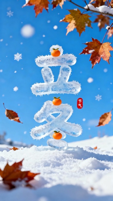 画面中央是冰霜圆润可爱字体形成”立冬” 二字，字体上可以有小小的橘子元素点缀。背景是一片晴朗的蓝天，画面中有白雪和枫叶。立冬字旁“红色小印章”节气“点缀，整体画面色彩明亮预览效果