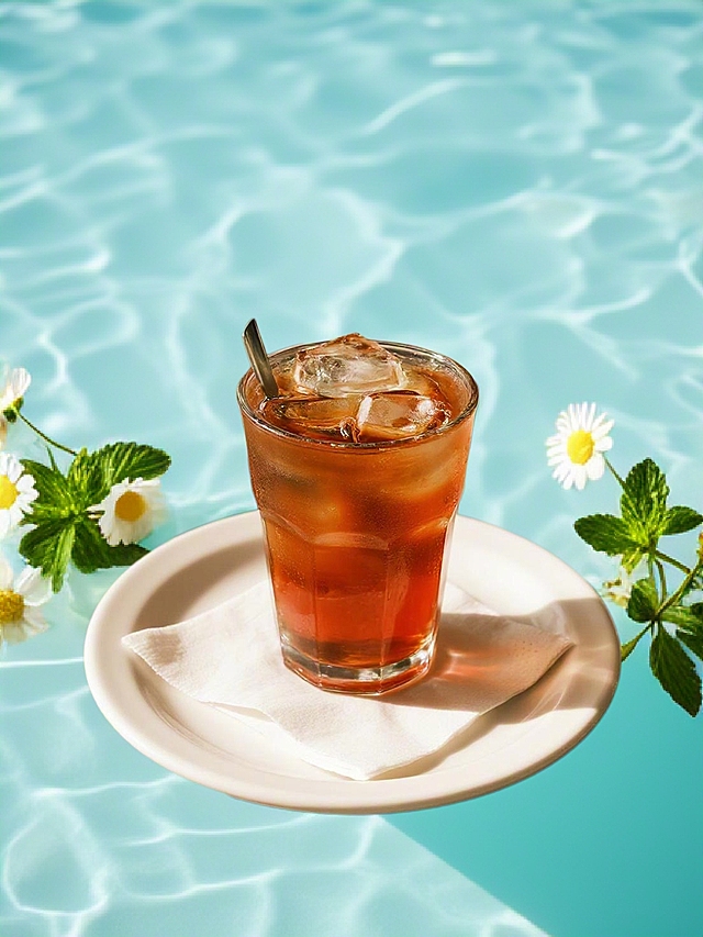 背景浅蓝色，产品放在水面上的一个圆形平台上，平台上有雏菊薄荷叶，