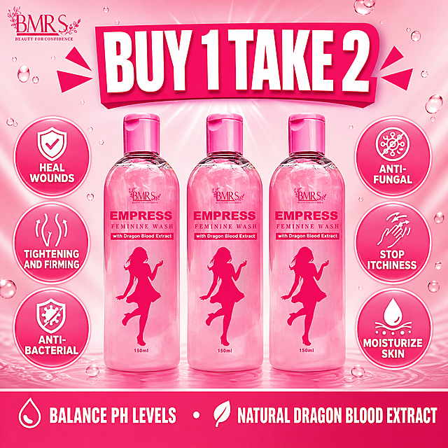 [单张主图] BMRS EMPRESS女性护理液，爆款促销感主图，针对Shopee东南亚市场，同时展示产品和核心促销卖点。
[画面主体] 三瓶粉色透明瓶装的EMPRESS女性护理液居中垂直排列展示，产品主体占画面约60%，保持产品外观（瓶型、粉色液体、粉色瓶盖、品牌Logo、文字印刷、红色女性剪影图案）与输入图片完全一致，杜绝任何变形和色差，精细化处理瓶身通透质感。
[构图版式] 采用促销爆字对称型版式，顶部放置品牌和促销信息，中部三瓶产品整齐居中，左右两侧用色块展示核心卖点，底部通栏放置促销背书。
[场景元素] 背景采用渐变粉色到浅粉色柔化处理，搭配轻盈的水珠元素点缀，增加水润感。左右两侧各三个圆角色块卖点框，底部放置深粉色通栏区域承载背书信息。
[文案版式] 顶部左上角放置提取自产品的BMRS品牌Logo，顶部居中放超大粗体字 "BUY 1 TAKE 2"，白色字体配深粉色背景。左右两侧分别放置三个卖点：
左侧：✓ HEAL WOUNDS ✓ TIGHTENING AND FIRMING ✓ ANTI-BACTERIAL
右侧：✓ ANTI-FUNGAL ✓ STOP ITCHINESS ✓ MOISTURIZE SKIN
底部深粉色通栏白色文字：BALANCE PH LEVELS • Natural Dragon Blood Extract
文字全部使用英文，字体为粗体无衬线，主标题最大，卖点其次，底部文字最小，颜色对比清晰，深底白字。
[光影质感] 主光为正面柔光箱照明，突出瓶身通透质感和液体粉色渐变，辅光从侧后方打透瓶身，增加立体感，背景轻微虚化，产品清晰锐利，商业摄影质感，整体干净通透。
[配色字体] 主色调为产品粉色，辅助色为深粉色和白色，强调色为深粉色用于标题和色块，字体采用粗无衬线字体，主标题字重最大，卖点清晰醒目。
[比例分辨率] 1:1 比例，2K分辨率，文字清晰可辨。
[负向提示词] 变形，水印，文字错乱，产品图模糊，背景杂乱，遮挡产品主体，中文文字，错误拼写，Logo变形