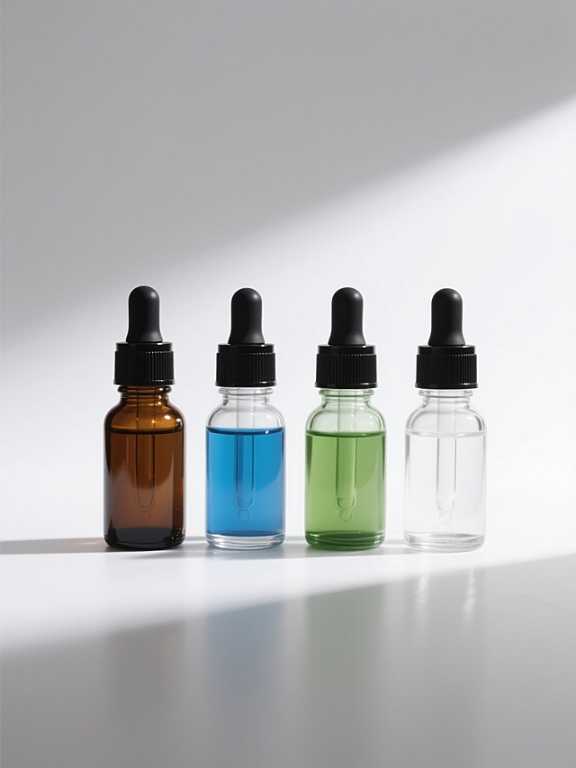 四个不同样式的透明玻璃滴管瓶，分别为棕色、蓝色、绿色和透明色，每个瓶子搭配不同颜色的液体和黑色滴头，瓶身光滑有光泽，在白色纯色背景上呈一字型整齐排列，光线从左上方照射形成柔和阴影，整体呈现简洁干净的产品展示风格，无任何文字和装饰元素。