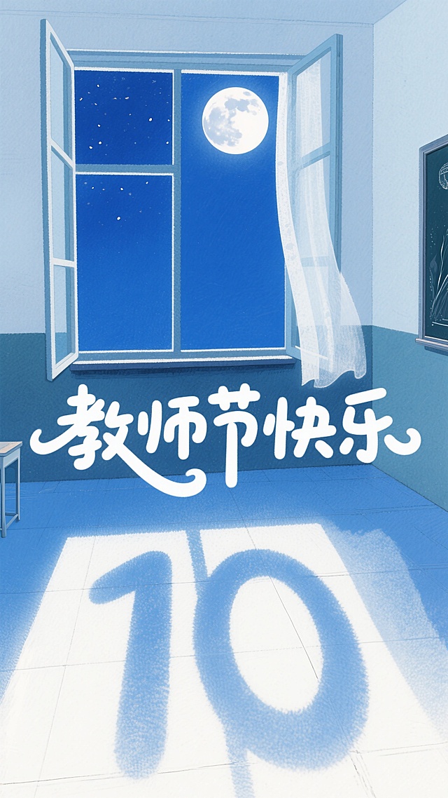 梦幻插画风，大字设计突出教师节主题，月夜窗景增添浪漫氛围。