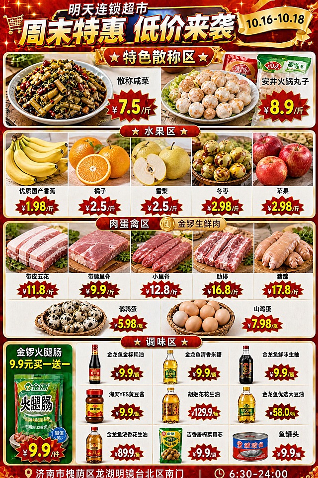 全面提升整张海报所有商品图片的真实感，让所有产品看起来像真实的商品实拍照片。

重点优化：
1. 调味区所有商品瓶身标签清晰真实，有真实的玻璃质感和反光，金龙鱼系列、海天、胡姬花等品牌包装细节真实还原
2. 金锣火腿肠包装图片真实清晰，品牌标识清楚
3. 肉类（带皮五花、带膘里脊、小里脊、肋排、猪蹄）肉质纹理真实，有新鲜肉的光泽和质感
4. 水果（香蕉、橘子、雪梨、冬枣、苹果）表皮纹理真实自然，有新鲜水果的光泽
5. 鹌鹑蛋、山鸡蛋蛋壳质感真实
6. 散称咸菜、安井火锅丸子食材质感真实

整体画面商品真实感强，像真实的超市DM单实拍效果，文字保持清晰可读，价格数字准确。布局和所有文字内容保持不变。