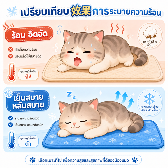 1:1正方形，卡通风格对比图，上方是猫吐着舌头趴在普通棉垫上，表现出很热烦躁的样子；下方是猫神态平静安然睡在宠物降温垫上，对比出降温效果，风格卡通化，整体清新明亮，用泰文标注对比主题预览效果