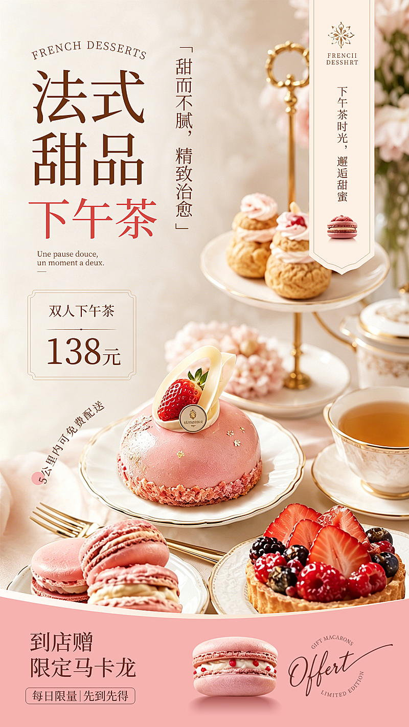 法式甜品下午茶促销活动宣传唯美风竖版海报