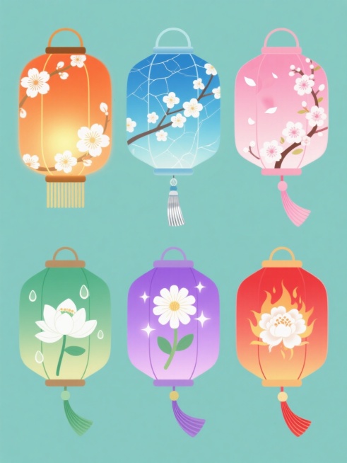 六个不同造型的手绘风格灯笼系列素材集合，每个灯笼均保持传统六边形主体、顶部提手、底部流苏及中心花朵镂空图案的核心元素，采用纯色背景，第一个为橙色渐变灯笼配白色樱花图案并带有发光效果和金色流苏，第二个为蓝色渐变灯笼配白色梅花图案并带有冰裂纹理和银色流苏，第三个为粉色渐变灯笼配白色桃花图案并带有花瓣飘落效果和粉色流苏，第四个为绿色渐变灯笼配白色荷花图案并带有水滴效果和绿色流苏，第五个为紫色渐变灯笼……预览效果