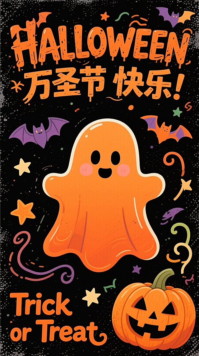 万圣节主题复古卡通风格海报。主体是造型灵动、表情可爱的橙色幽灵形象；围绕幽灵装饰蝙蝠、星星、曲线、南瓜灯万圣节装饰。黑色背景，整体带有轻微颗粒质感营造做旧效果。主标题“HALLOWEEN”“万圣节 快乐！”，极强的万圣节艺术字体设计。左下角橙色字“Trick or Treat"