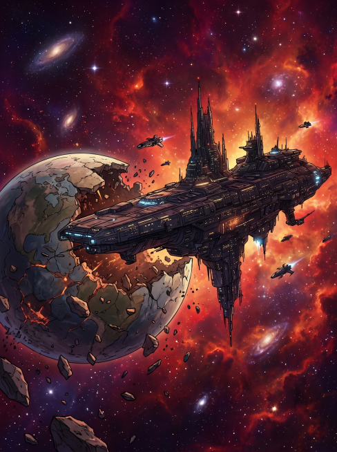 3:4比例，偏动画风格星际战斗封面，巨大科技感星舰停靠在破碎星球旁，星空星云背景，浓厚太空氛围，参考参考图的星舰结构设计，科技感十足预览效果