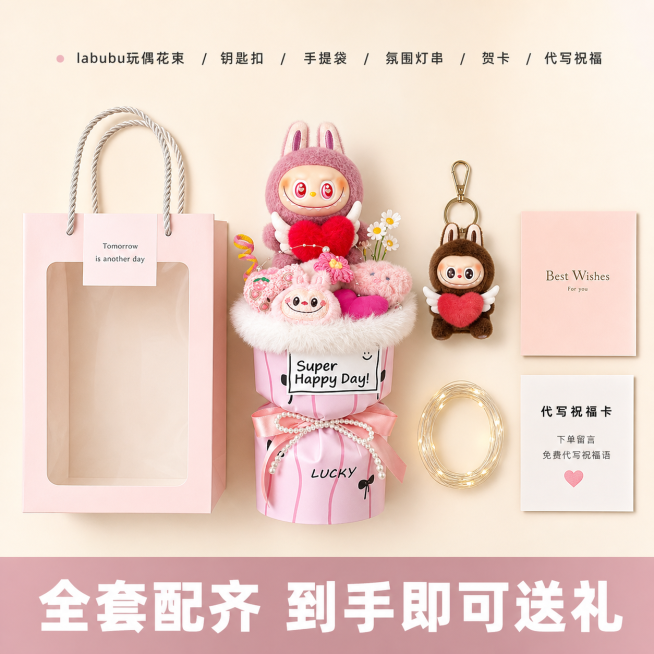 [主图-5]全套配件全家福展示，帮助用户决策
[氛围风格]整齐陈列，突出套餐性价比
[画质]商业摄影质感、光线柔和通透、产品清晰真实、画面干净高级
[元素]将labubu花束、手提袋、贺卡、氛围灯串全预览效果