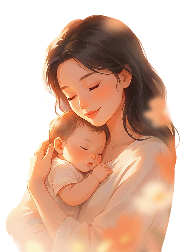 暖橙色治愈系插画风格，母亲温柔将孩子抱在怀中，光影柔和温暖，画面干净清新，使用参考图的暖调柔焦插画风格，整体氛围温馨充满爱意，边缘有朦胧的光效质感