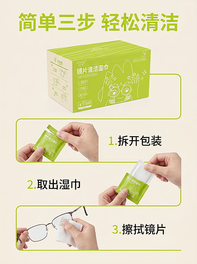 [主图 5] 使用步骤演示，清晰展示使用流程；[氛围风格] 简约清晰，风格配色保持统一；[画质] 清晰通透，商业摄影质感；[元素] 产品包装在上方，下方分三步演示使用流程：1拆开包装 2取出湿巾 3擦拭镜片，每个步骤配示意图和简要文字说明，保持产品包装和参考图一致，整体排版干净，步骤清晰；[光影] 均匀明亮自然光；[配色] 浅米色背景搭配果绿色线条和文字；[文字版式] 顶部标题“简单三步 轻松清洁”，步骤序号+文字说明，层级清晰；[比例分辨率] 3:4比例，2k分辨率；[负向提示词] 变形，水印，文字错乱，背景杂乱