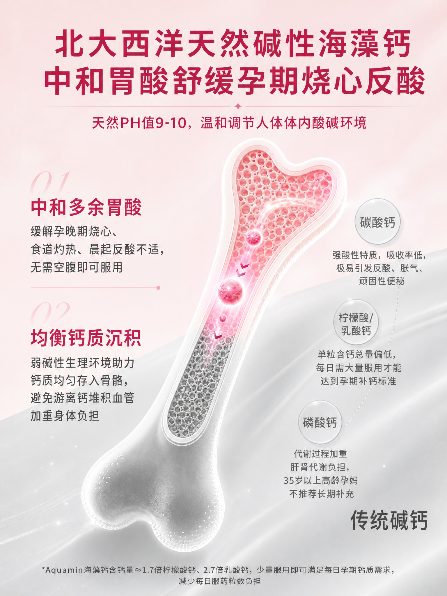 参考图一的骨骼剖面示意图排版结构，生成一张碱性海藻钙中和胃酸海… - 图片创意预览