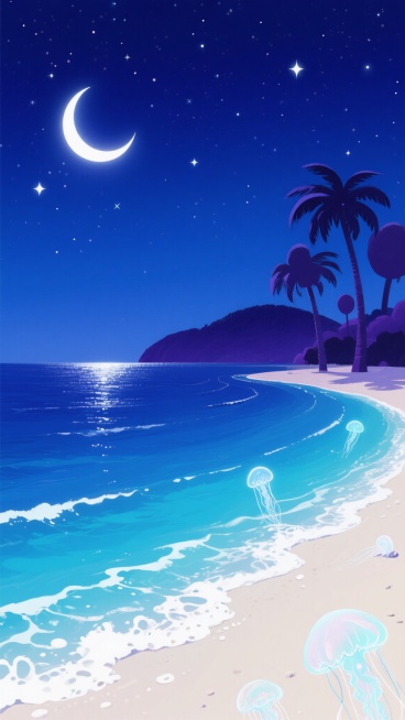 动漫风格插画，海边风景，深邃的靛蓝色夜空占据画面上半部分，点缀着闪烁的星星和一轮明亮的弯月，月光在海面上形成一条银色光带，海面呈现出由深蓝到孔雀蓝的渐变色彩，海浪柔和地拍打着米白色的沙滩，泛起白色的泡沫，沙滩上散落着几只半透明的水母状发光生物，远处的岛屿轮廓在夜色中呈现出深紫色剪影，岸边有几棵造型圆润的棕榈树，树叶在夜风中轻轻摇曳，整体氛围宁静而梦幻，色彩浓郁饱和，线条流畅柔和，光影对比鲜明，……预览效果