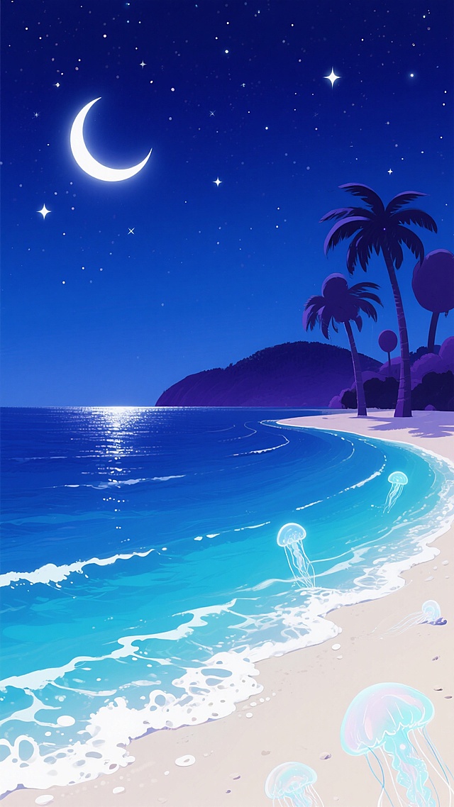动漫风格插画，海边风景，深邃的靛蓝色夜空占据画面上半部分，点缀着闪烁的星星和一轮明亮的弯月，月光在海面上形成一条银色光带，海面呈现出由深蓝到孔雀蓝的渐变色彩，海浪柔和地拍打着米白色的沙滩，泛起白色的泡沫，沙滩上散落着几只半透明的水母状发光生物，远处的岛屿轮廓在夜色中呈现出深紫色剪影，岸边有几棵造型圆润的棕榈树，树叶在夜风中轻轻摇曳，整体氛围宁静而梦幻，色彩浓郁饱和，线条流畅柔和，光影对比鲜明，细节精致。