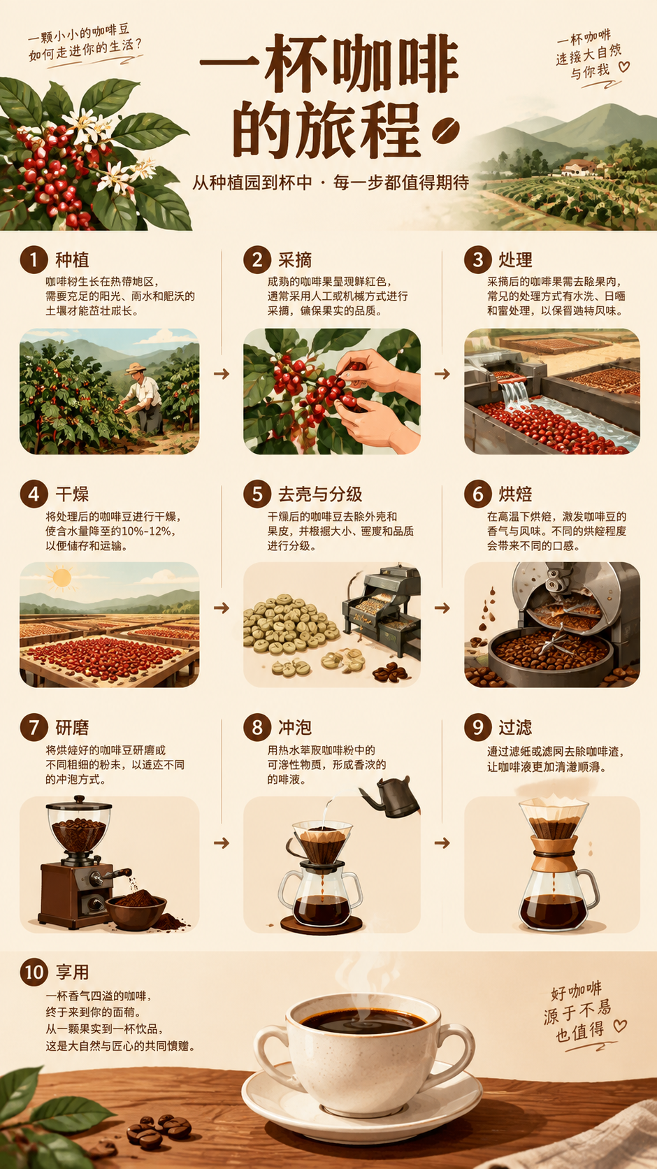 中文信息图海报设计，主题为一杯咖啡的旅程，竖版9:16比例，信… - 图片创意预览