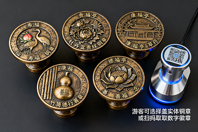 设计五福印章创新方案：寿福亭仙鹤寿桃铜章、贵福亭牡丹富贵纹铜章、康福亭草药葫芦形铜章、德福亭竹简德行铜章、善福亭莲花善念铜章，结合电子感应章，游客可盖实体章或扫码得数字徽章，呈现传统与现代结合的设计细节