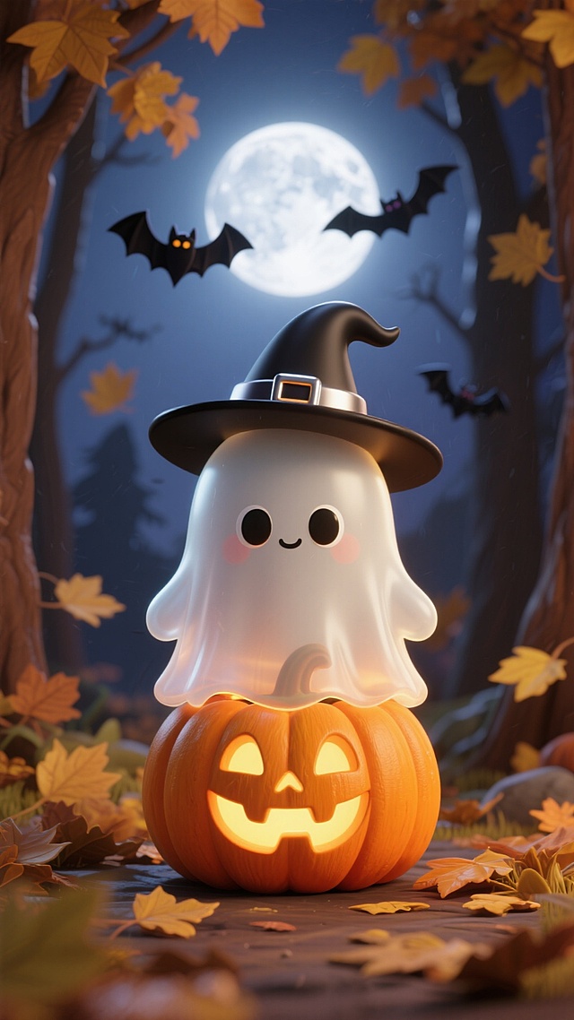 软3D风拟人小幽灵戴巫师帽坐南瓜灯上，梦幻月夜森林背景，可爱温馨趣味十足，塑料质感光影柔和，万圣节主题。