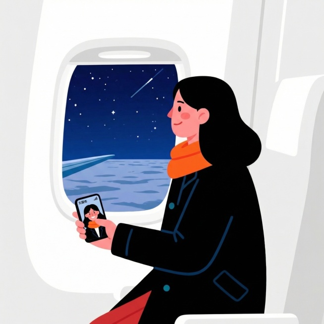 将飞机客舱的颜色修改为白色，手部的动作再优化一下，手机里的内容为一张自拍壁纸，右上角显示无服务预览效果