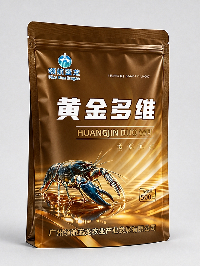 将黄金多维产品包装制作成立体自立袋（软包装）效果，参考第二张图的袋子样式。袋子呈正面微侧的立体角度，顶部有拉链封口和易撕口，底部有自立底可以站立。包装正面金色/棕色背景、"黄金多维"白色大字、领航蓝龙LOGO、蓝色澳洲淡水小龙虾、净含量500克、公司名称等所有设计元素完整印在袋子正面。袋子材质为哑光铝箔复合膜质感，有自然的软包装褶皱和光影，顶部有轻微弧度，整体挺括有型。背景为纯净浅灰色，袋子底部有柔和阴影，整体效果真实精致。