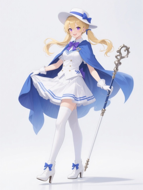 二次元动漫风格立绘，金发双马尾少女，头戴白色宽檐帽配蓝色缎带，紫色眼眸，身着白色为主、蓝色点缀的欧式学院风短裙制服，外披蓝色飘逸披风，手持金属质感雕花长杖，白色长筒袜搭配带蓝色蝴蝶结的白色高跟短靴，整体色彩明快清新，光影柔和，细节精致，动作变换为侧身回眸微笑，一手轻提裙摆，一手自然下垂，白色纯净背景，保留角色所有核心特征与服饰细节，保持原画风的线条流畅度与质感表现。预览效果