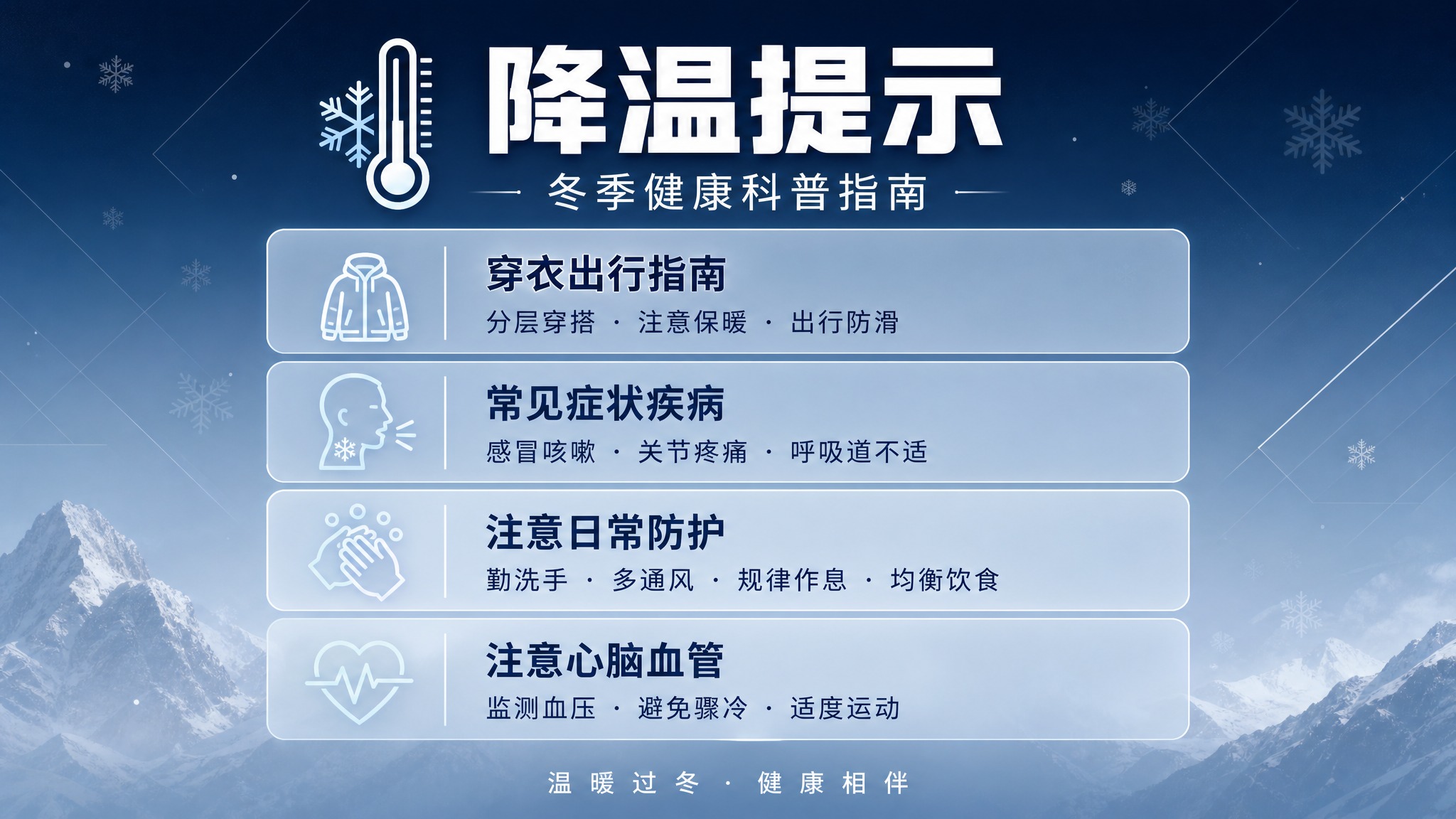一张16:9横版的冬季健康科普海报，主题为「降温提示」。整体风… - 图片创意预览
