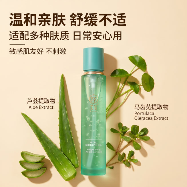 [主图 3] 芙质紧颜舒缓凝胶素温和修护卖点主图。
[氛围风格] 自然植萃，温和舒缓，干净清新。
[画质] 商业摄影质感，光线柔和通透，产品清晰真实，画面干净高级，超高清。
[元素] 浅米色植萃风背景预览效果