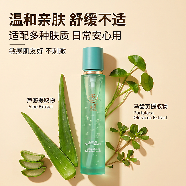 [主图 3] 芙质紧颜舒缓凝胶素温和修护卖点主图。
[氛围风格] 自然植萃，温和舒缓，干净清新。
[画质] 商业摄影质感，光线柔和通透，产品清晰真实，画面干净高级，超高清。
[元素] 浅米色植萃风背景，搭配新鲜芦荟叶和积雪草枝叶点缀，产品放置在画面中心，旁边标注植萃成分（芦荟提取物、马齿苋提取物）。保持产品外观与原图一致，杜绝变形色差，商品主体占比约65%。整体自然柔和，元素呼应主题，画面干净不拥挤。
[光影] 柔和自然侧光，突出产品和植萃的纹理，光影过渡自然，氛围温暖舒适。
[配色] 主色调浅米色，搭配植萃的自然绿色，产品青绿色点缀，整体和谐舒缓。
[视角构图] 平视中心构图，产品和植萃元素分层清晰，景深适中。
[文字版式] 左上角区域排版，主标题"温和亲肤 舒缓不适"大号粗体深棕色字体，副标题"适配多种肤质 日常安心用"中号字体，小字"敏感肌友好 不刺激"小号字体，从上到下字号递减，文字不遮挡主体，清晰易读，和背景对比舒适。
[比例分辨率] 1:1比例，2k分辨率，文字清晰可辨。
[负向提示词] 变形，水印，文字错乱，产品模糊，背景杂乱，医疗相关词汇，过度夸张