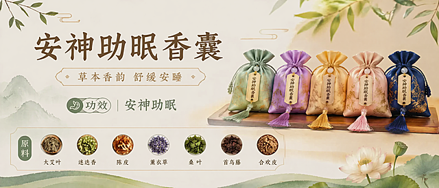 参考上传图片的版式构图风格，保持横向台卡设计，中式养生自然风格，替换内容为安神助眠香囊，主标题改为"安神助眠香囊"，副标题改为"草本香韵 舒缓安睡"，功效改为"安神助眠"，原料改为：大艾叶、迷迭香、陈皮、薰衣草、桑叶、首乌藤、合欢皮，展示五款不同颜色的安神助眠香囊，保持香囊排列、包装样式、吊牌文字与参考图一致，每个原料都配圆形原料图片，保持整体版式、山水竹叶背景、荷花装饰和参考图一致，不改变构图结构，只替换产品名称、功效和原料信息，排版和参考图一致