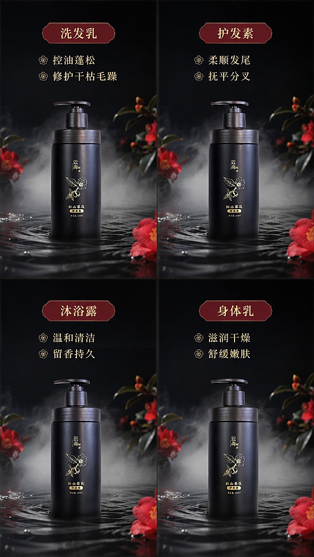 [第3屏] 四款单品核心功效分述展示屏。本屏分区展示四款单品。洗发乳使用【图6】，护发素使用【图2】，沐浴露使用【图3】，身体乳使用【图4】。
[氛围/风格] 统一暗调高级质感，保持和首屏一致的水雾红山茶花氛围。
[元素布局] 采用2×2网格四格排版，每格展示一款单品产品图+对应功效，四款产品外观、包装文字、颜色和输入产品图保持完全一致；每格占比均匀，留出网格间距保证呼吸感，每个格子背景都点缀淡淡的水波纹元素。
[光影质感] 每个单品都使用柔和居中打光，保留产品瓶身哑光质感和光泽层次，清晰展示包装细节。
[配色色系] 保持哑光深炭黑底色，每格标题搭配山茶花红色条块，文字使用烫金+浅灰白，整体和整套风格统一。
[文字版式] 每个格子顶部标注单品名称，下方分2行列举核心功效：洗发乳「控油蓬松 修护干枯毛躁」，护发素「柔顺发尾 抚平分叉」，沐浴露「温和清洁 留香持久」，身体乳「滋润干燥 舒缓嫩肤」，文字大小适中，移动端清晰可读。
[比例分辨率] 9:16 竖版比例，4K分辨率，文字清晰可辨，高清画质。
[负向提示词] 产品外观不一致，变形，错件，文字错乱，网格不均匀，颜色偏差。