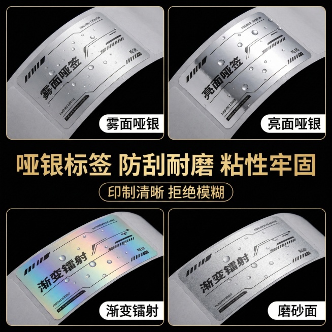 [主图主题] 哑银不干胶防刮耐磨主图
[氛围/风格] 电商高品质实拍风格，暗黑高级质感
[画面元素] 沿用参考图四宫格展示不同质感的版式，上方两宫格分别展示雾面和亮面哑银不干胶，下方两宫格展示渐变镭射预览效果
