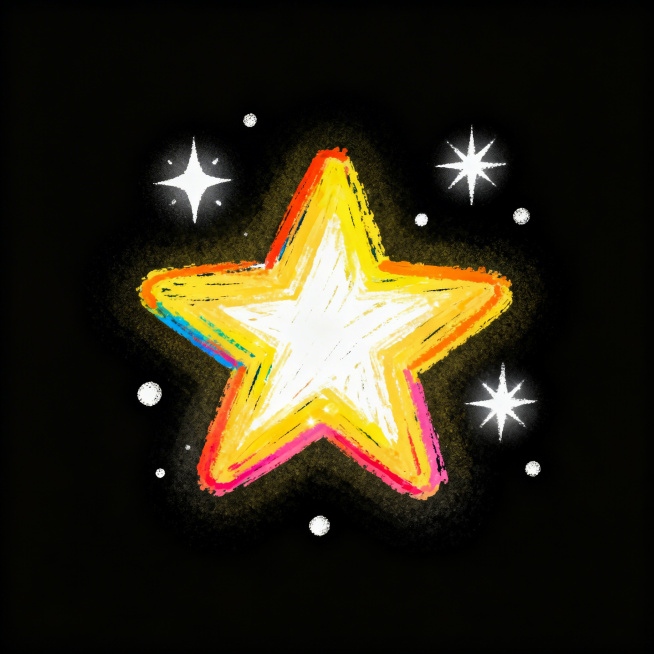 蜡笔绘画风格的闪亮元素矢量插画，画面中只包含闪亮的星星、光斑等元素，使用蜡笔质感表现闪耀效果，黑白色调或者彩色都可，背景为纯色干净背景预览效果