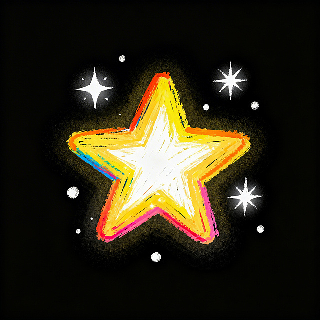 蜡笔绘画风格的闪亮元素矢量插画，画面中只包含闪亮的星星、光斑等元素，使用蜡笔质感表现闪耀效果，黑白色调或者彩色都可，背景为纯色干净背景