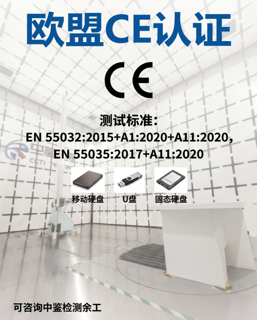 在现有图片的EN 55035:2017+A11:2020下方的空白区域，横向添加三张电子产品图片，分别为移动硬盘、U盘、固态硬盘，每张图片下方对应添加文字标注"移动硬盘"、"U盘"、"固态硬盘"，保持预览效果