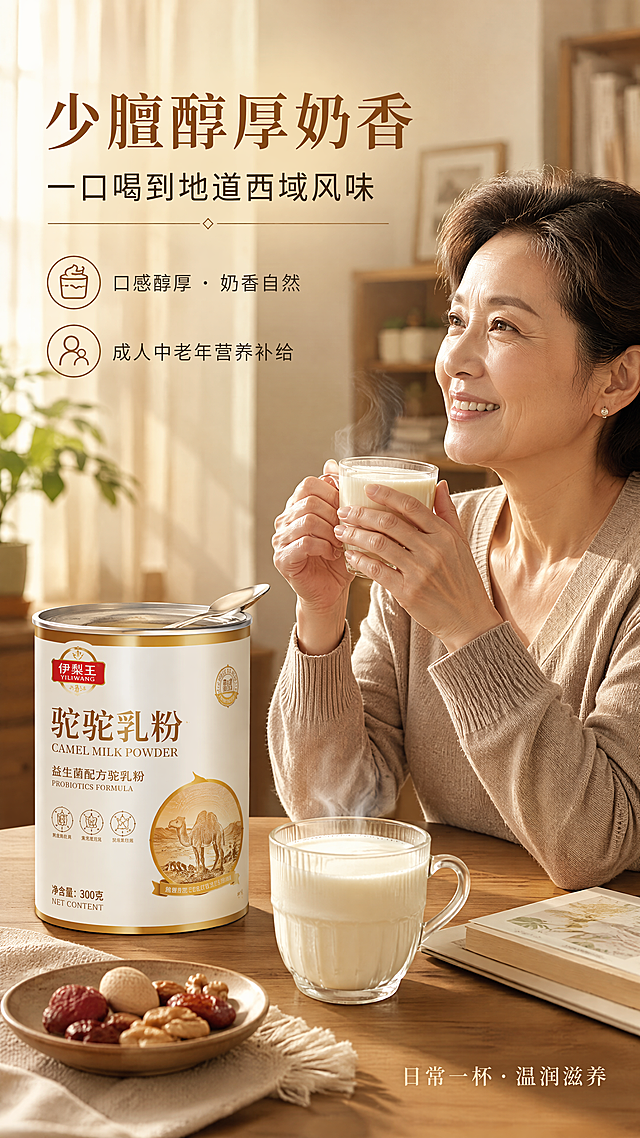[第4张] 详情页口感与人群场景专张 — 少膻醇厚奶香 + 成人中老年日常营养补给场景。
[氛围/风格] 温馨居家感 + 醇厚食欲氛围 + 生活方式摄影质感，暖色调，突出日常饮用的舒适与滋养。
[元素布局] 画面主体为温馨居家餐桌场景：木质餐桌上放着一杯冲好的驼奶（奶泡细腻，冒着轻微热气），旁边是一罐伊梨王驼驼乳粉（罐体与第1张一致，半侧展示），一把银色小勺搁在罐口；背景虚化呈现温暖的客厅或书房一角，有柔和的窗帘光影与绿植点缀；画面右侧一位中老年女性（亚洲面孔，气质温和，肩部以上入镜）微笑着双手捧杯，侧脸朝向产品；产品与杯子占画面约50%，人物占约30%；整体场景真实自然，有生活温度。
[光影质感] 窗边自然光从左侧洒入，暖黄色调，杯口奶液有高光，罐体有柔和反光，阴影自然过渡，整体温暖治愈。
[配色色系] 全局底色 #F7EFE0（暖奶白）；主色奶白 + 木棕；辅助色驼色、米黄；点缀色金色罐标。
[视角构图] 45° 斜侧俯视，餐桌为中心，人物在右侧呼应，阅读动线从产品到人物再到文案。
[文字版式] 左上标题区：主标题「少膻醇厚奶香」，副标题「一口喝到地道西域风味」，宋体标题 + 黑体副标题；标题下方两行短句：「口感醇厚 · 奶香自然」「成人中老年营养补给」，配两个小图标；底部右侧小字「日常一杯 · 温润滋养」；字体与前几张统一，字色深棕 + 金色；文字不遮挡产品与人物面部。
[比例分辨率] 9:16 竖版比例，4K 分辨率，文字清晰可辨，高清画质。
[负向提示词] 人物变形，罐体变形，颜色偏差，水印，文字错乱，医疗功效表述，极限词。