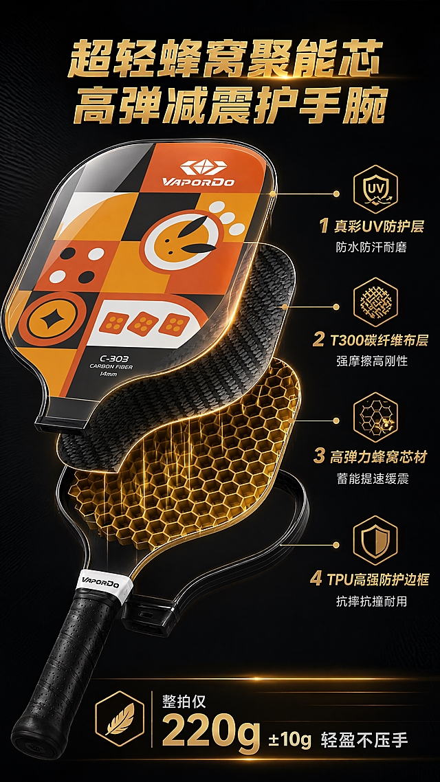 [商品] 使用【图1】T300碳纤维蜂窝减震匹克球拍；保留球拍外观、橙黑拍面、VAPORDO Logo、C-303标识、黑色边框与手柄；做剖面分层爆炸图展示，从外到内依次为：UV防护层、T300碳纤维布层、高弹力蜂窝芯材、TPU防护边框；各层用金色引线标注名称，层间有金色光晕分隔，蜂窝芯呈现规则六边形立体结构。
[画面] 页面目标：四层复合结构与蜂窝减震原理展示，突出高弹减震护腕；构图：中心爆炸图型，球拍剖面分层展开位于画面中心，周围引线标注各层功能；分层结构占画面60%；角度：侧视剖面+轻微透视；景别：中景；阅读动线：从中心向四周扩散；背景纯黑渐变，每层结构边缘有金色轮廓光，蜂窝芯内部有金色光线穿过体现回弹蓄能效果。
[视觉] 套系策略：风格=高端黑金运动商业摄影风；标题字=粗黑体力量感；正文字=简洁无衬线黑体；主色=深邃纯黑；背景延展=基于纯黑做深浅渐变、径向光晕和细腻磨砂质感；强调色=金属金色，仅用于光效、引线、图标、标题高亮和局部装饰；标题色=金属金色；正文色=浅银灰色；组件=金色细线引线、黑金信息卡、几何金色光条；光影=金色侧逆光勾勒每一层结构轮廓，内部蜂窝结构有透射光体现通透感，整体科技感强烈。
[文字] 顶部主标题："超轻蜂窝聚能芯 高弹减震护手腕"，金色粗体；四层结构分别引线标注：1.真彩UV防护层（防水防汗耐磨）、2.T300碳纤维布层（强摩擦高刚性）、3.高弹力蜂窝芯材（蓄能提速缓震）、4.TPU高强防护边框（抗摔抗撞耐用）；底部补充："整拍仅220g±10g 轻盈不压手"。文字横向排版，层级清晰。
[规格] 图片比例9:16竖版，4K分辨率，负向提示：避免变形、错字、文字过小、彩色背景、白底、冷蓝色调、结构层数错误、蜂窝形状不规则、球拍外观失真。