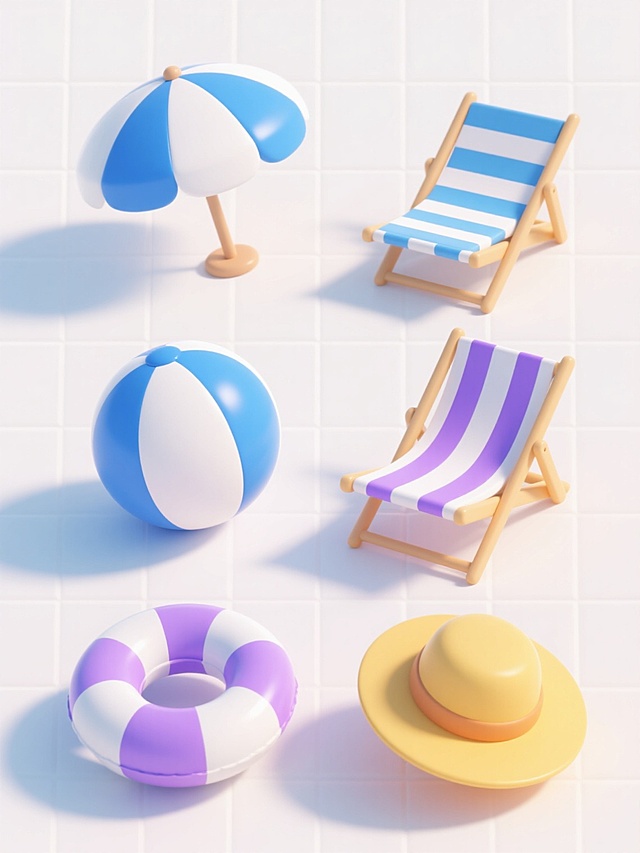 6个不同配色与样式的3D卡通夏日海滩素材，包括蓝白条纹遮阳伞、蓝白条纹躺椅、紫白相间游泳圈、蓝白沙滩球、黄色草帽等元素，每个素材均保持圆润可爱的卡通造型，拥有光滑的材质质感和明亮柔和的光影效果，整体以整齐的网格状排列在纯白色背景上，所有元素边缘清晰无阴影，色彩搭配清新明快且各具特色，呈现出轻松愉快的夏日氛围。