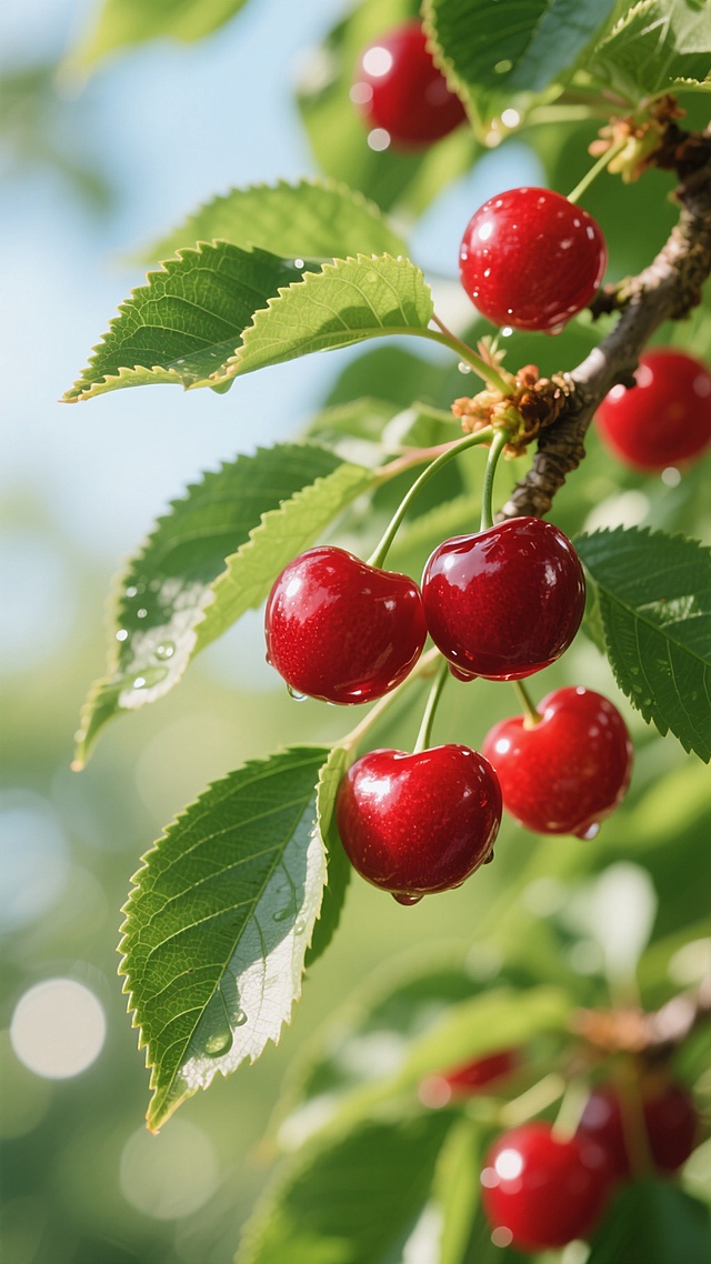 超写实摄影风格，成熟饱满的红色樱桃挂满枝头，翠绿带锯齿边缘的叶片与果实交错，画面整体采用柔和的自然光，背景呈现梦幻的光斑虚化效果，改为晴朗无雨的天气条件，樱桃表面干爽光滑，反射着明亮的阳光，叶片舒展挺立，无水滴痕迹，色彩鲜明饱和，构图保持近景特写，突出果实的质感与细节，整体氛围清新明快，展现阳光下樱桃的新鲜诱人。